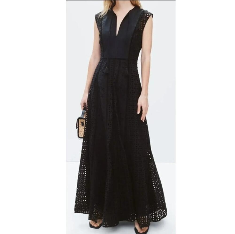Veronica Beard Alina Dress Embroidered Eyelet Sleeveless V-Neck Maxi Black 8